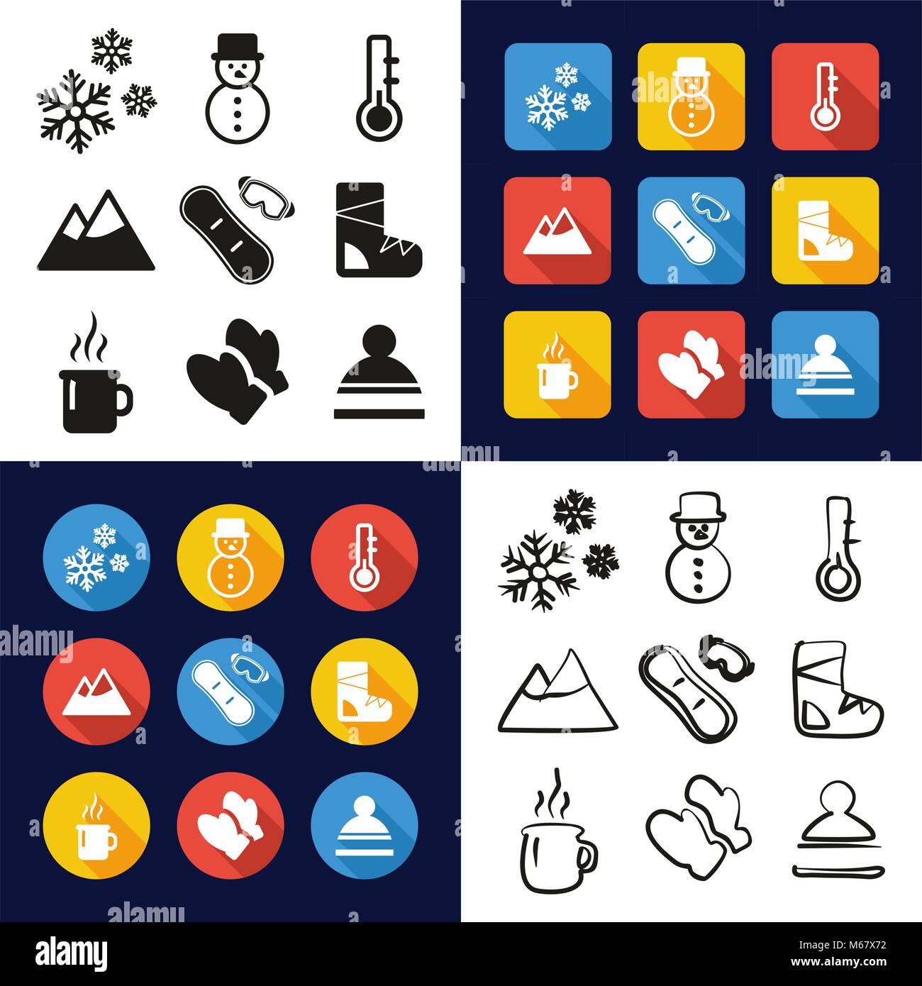Winter All in One Icons Black & White Color Flat Design Freehand Set ...