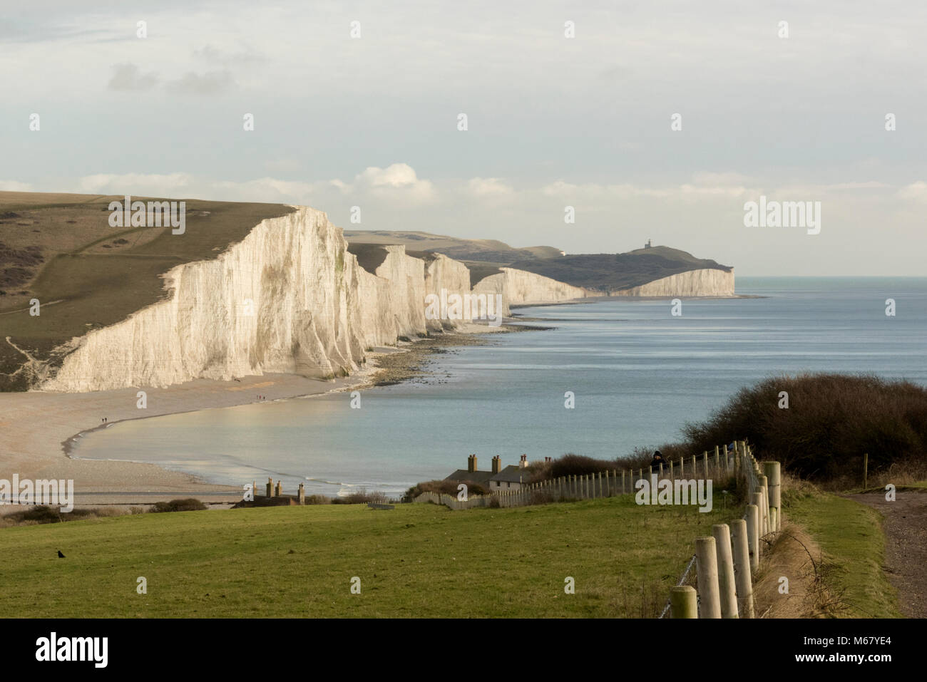 Seven Sisters, South Downs National Park with sea and chalk cliffs looking towards Belle Tout Lighthouse Stock Photo