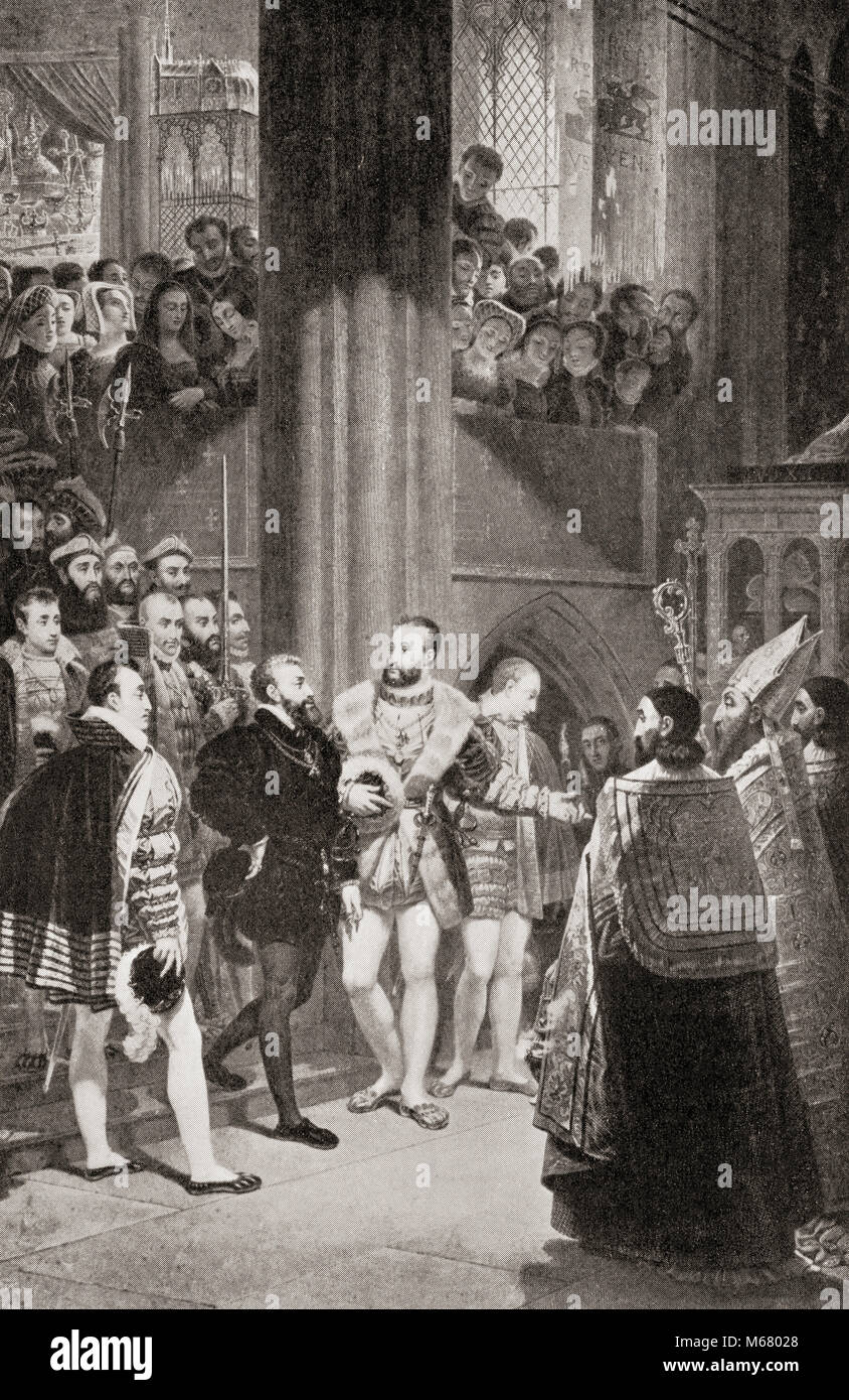 The reconciliation of Francis I and Charles V in Aigues-Mortes, France, after the Truce of Nice,1538.  Francis I, 1494 –  1547.  King of France.  Charles V, 1500 – 1558.  Ruler of  the Spanish Empire as Charles I from 1516 and the Holy Roman Empire as Charles V from 1519.  From Hutchinson's History of the Nations, published 1915. Stock Photo