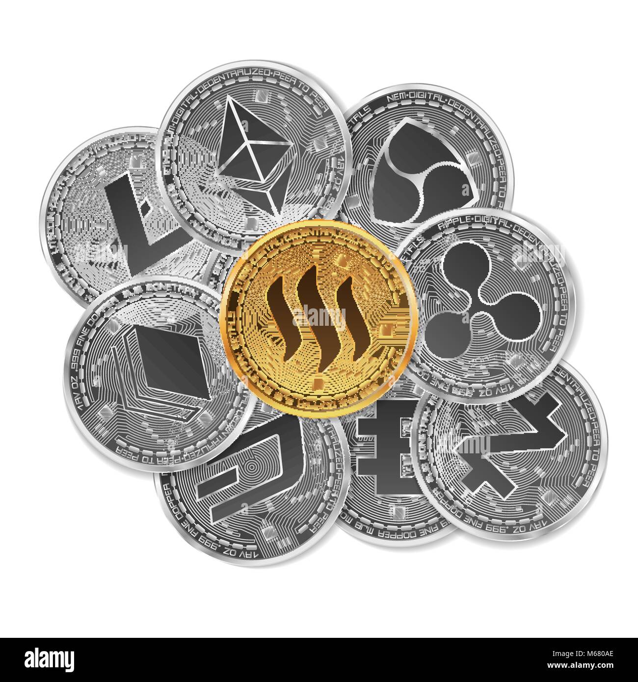 Set of gold and silver crypto currencies with golden steem in front of  other crypto currencies as leader isolated on white background. Vector  illustra Stock Vector Image & Art - Alamy