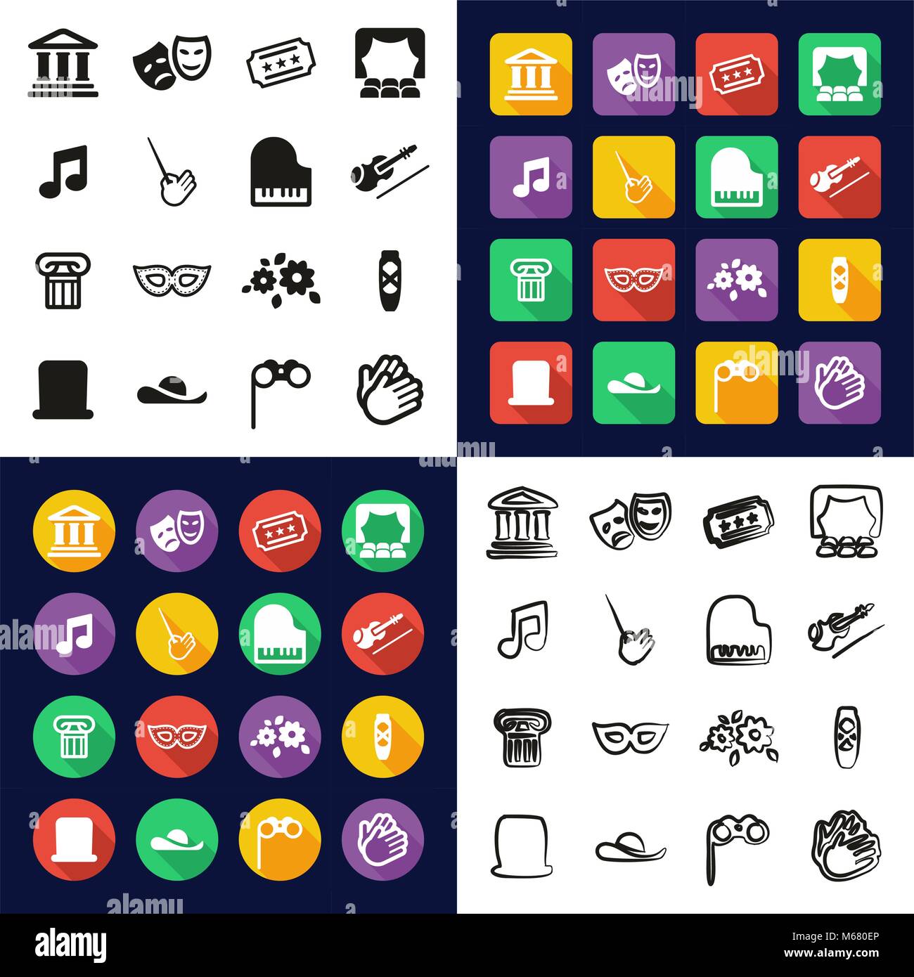Theater All in One Icons Black & White Color Flat Design Freehand Set ...