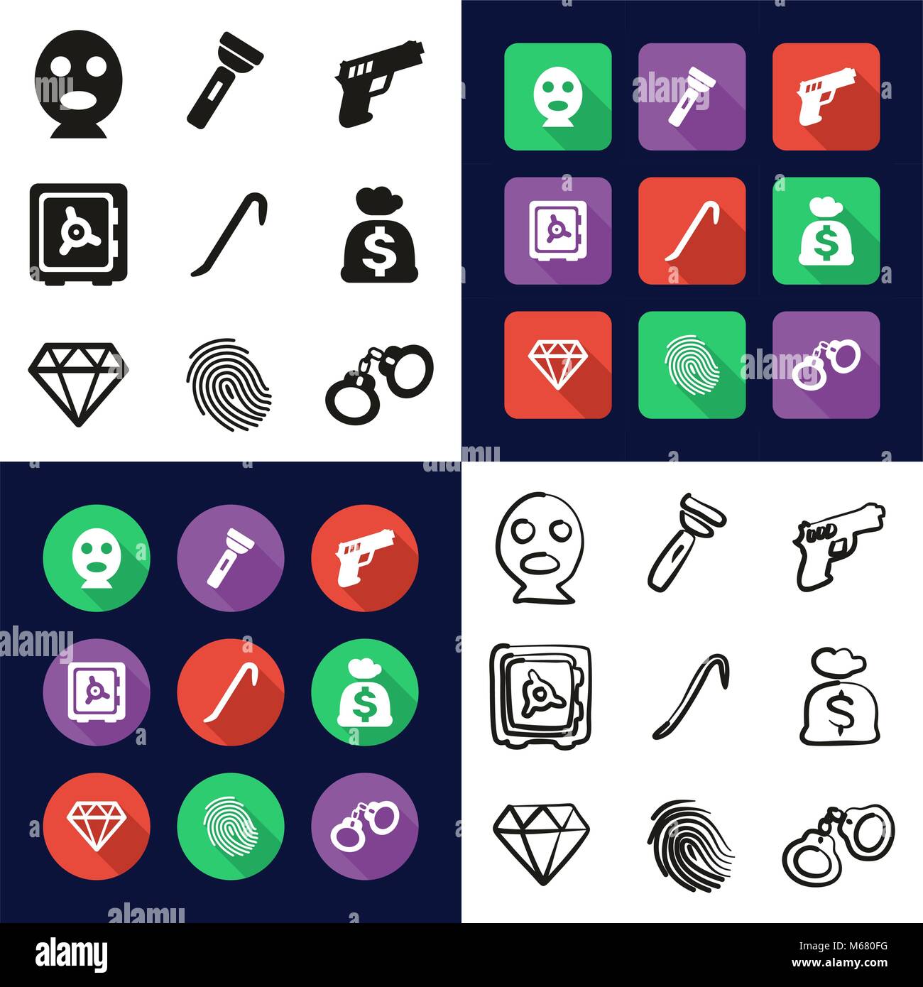 Thief All in One Icons Black & White Color Flat Design Freehand Set Stock Vector