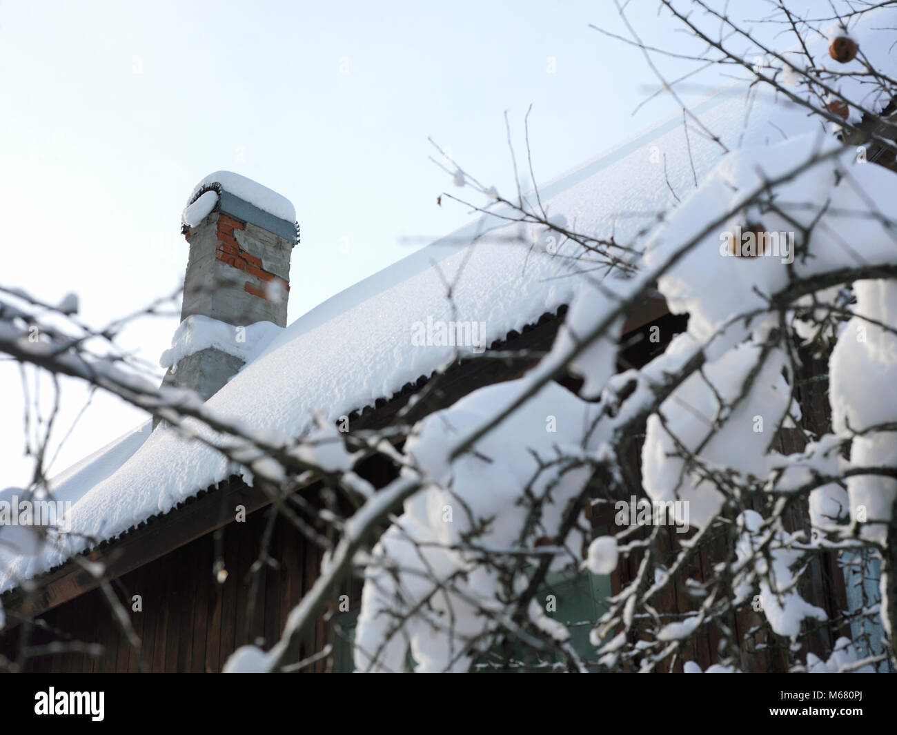 A chimney on a house in focus and trees covered with snow in the ...