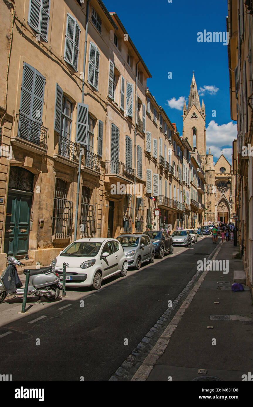 Street with buildings and Saint Jean de Malte Church in AixenProvence