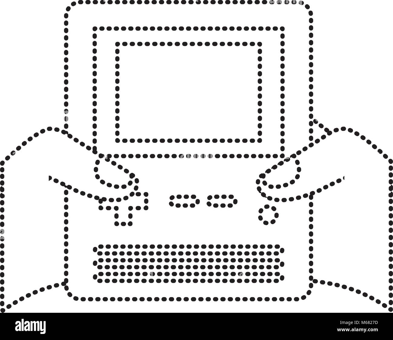 hands holding retro video game console vector illustration dotted line ...