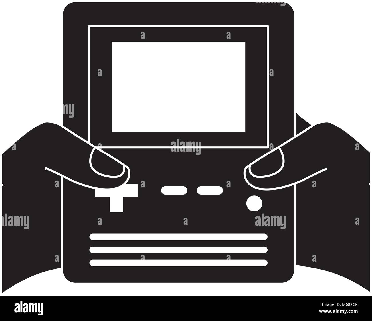 hands holding retro video game console vector illustration black and ...