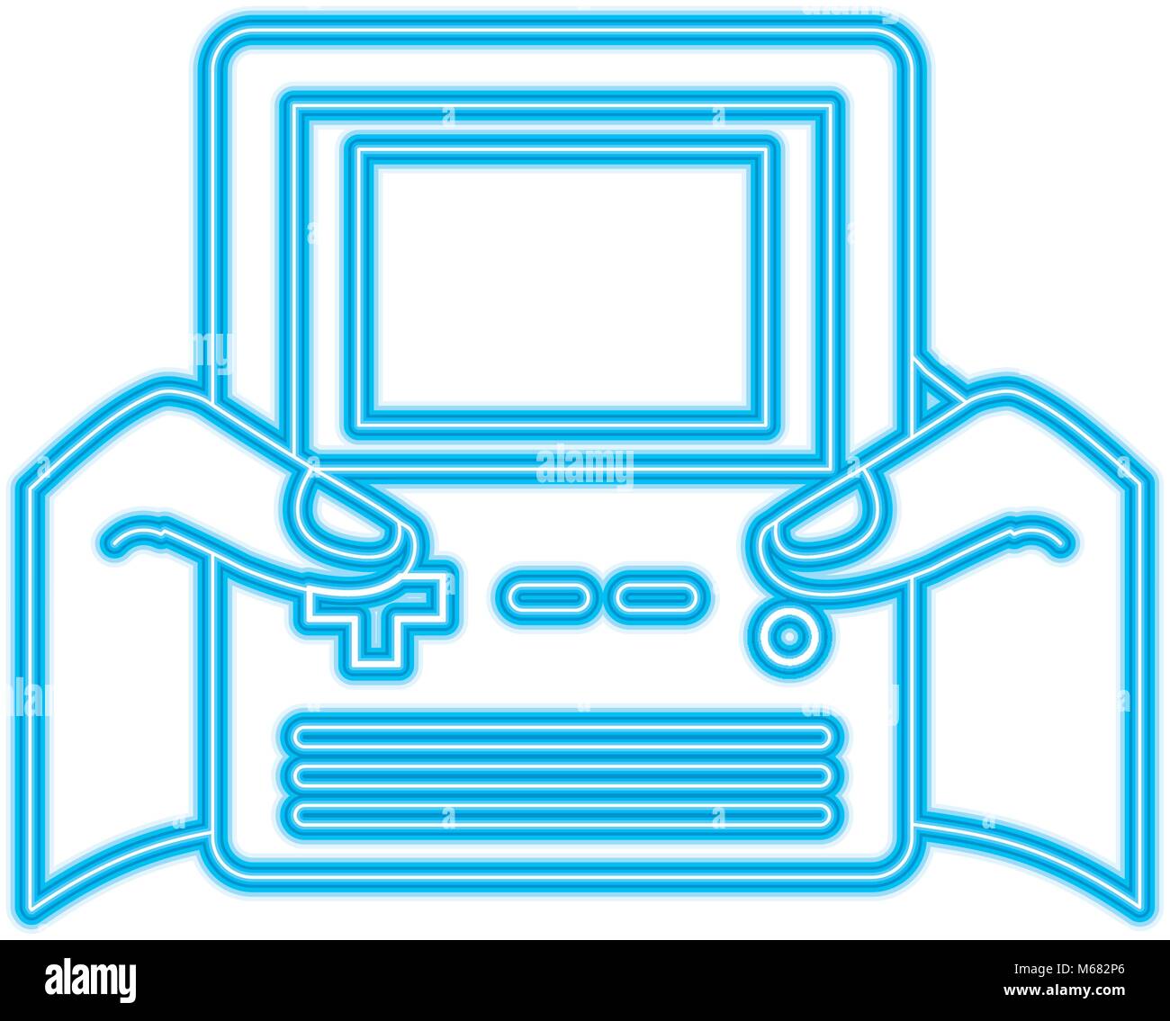 hands holding retro video game console vector illustration blue neon ...