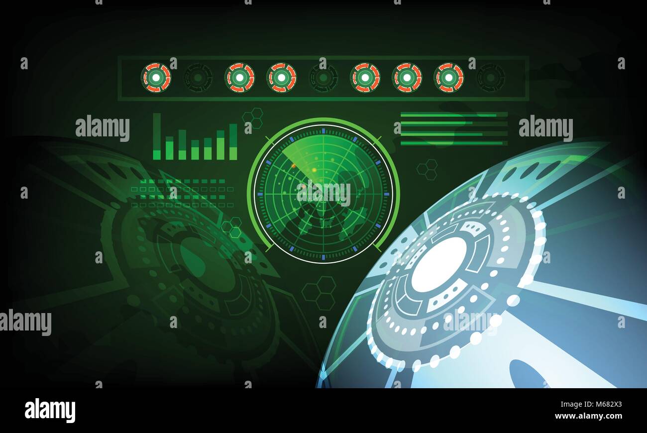 radar screen digital interface with world map  Concept future in computer network technology time data communication on green dark background.. vector Stock Vector