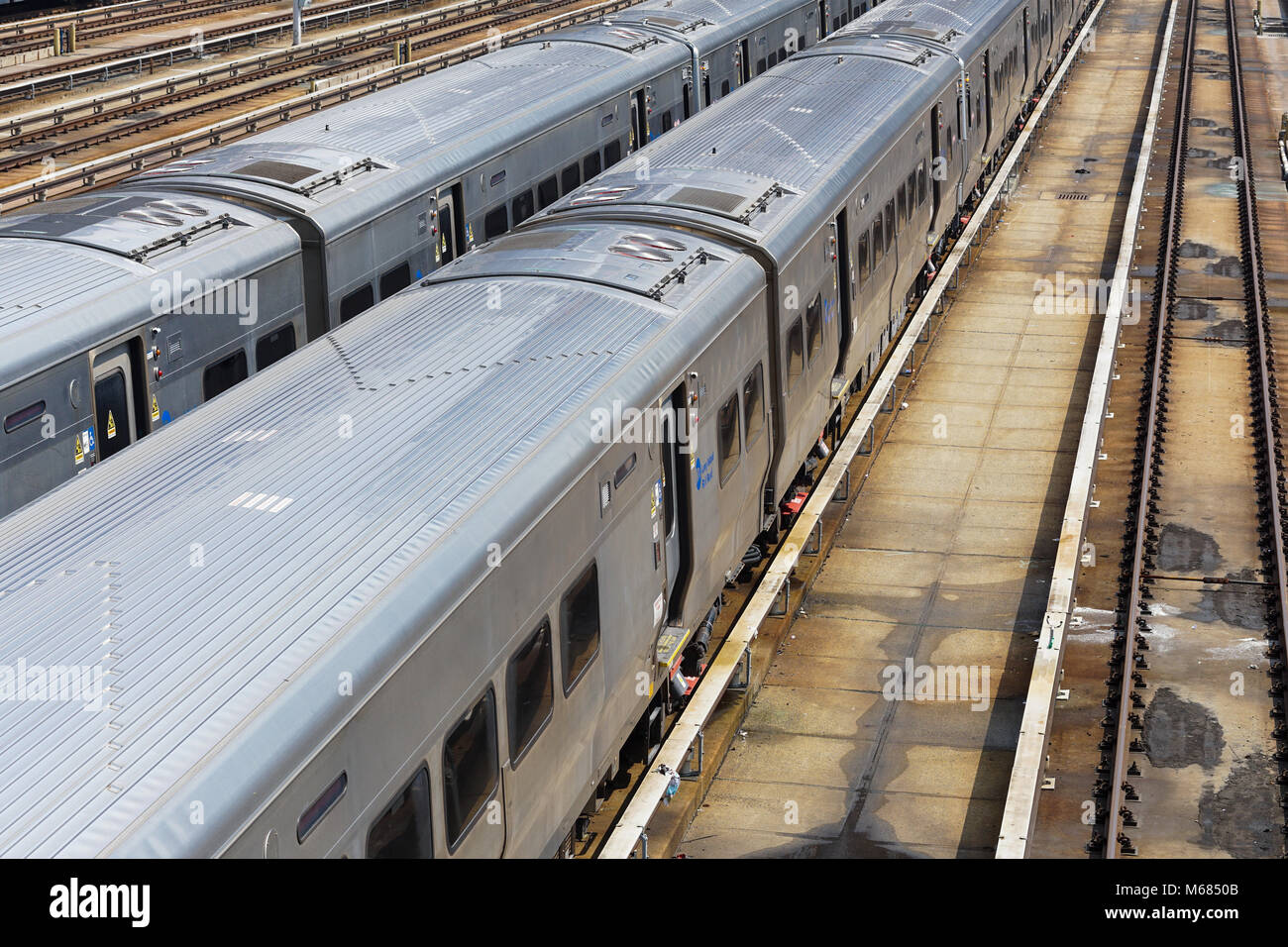 New York City subway trains at the MTA depot, seen from the High Line in Manhattan. Stock Photo