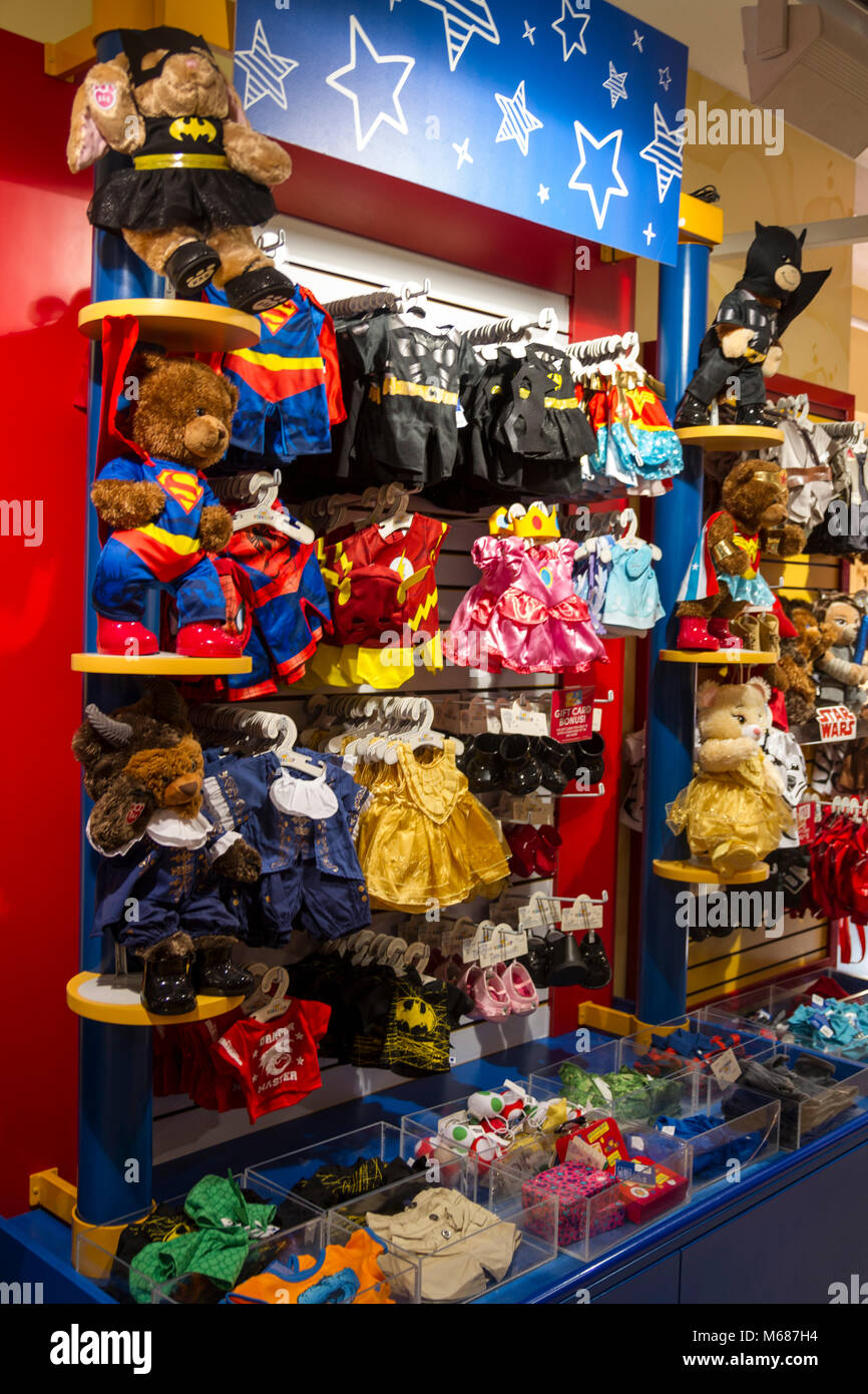 Build-A-Bear clothes display in Hamleys, toyshop, large toy store on London's Regent St, UK toy shop shelf Stock Photo