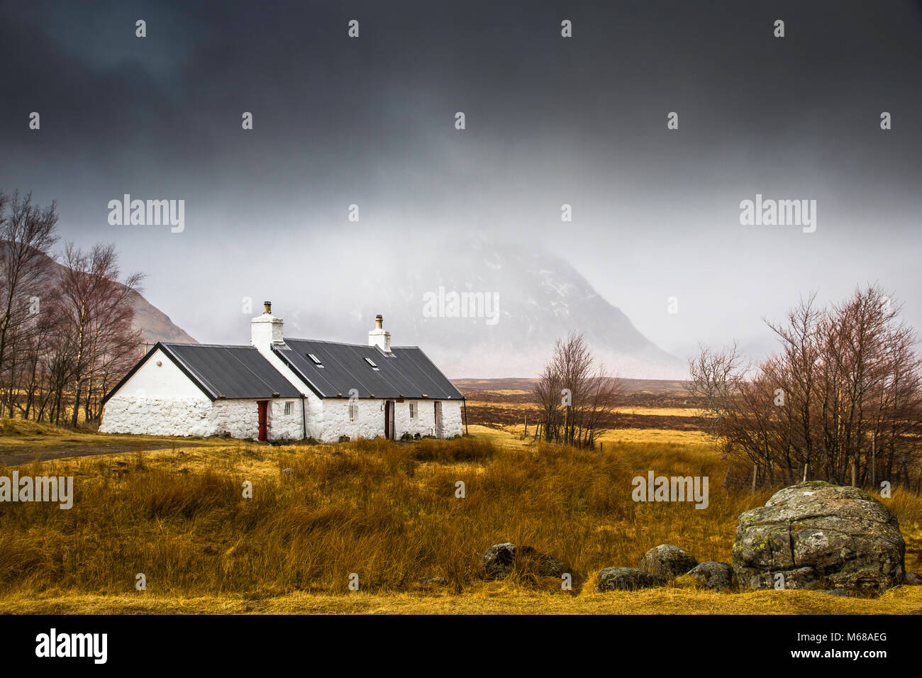 Blackrock Cottage, Glencoe with Buchaille Etive Mor in the background. Stock Photo