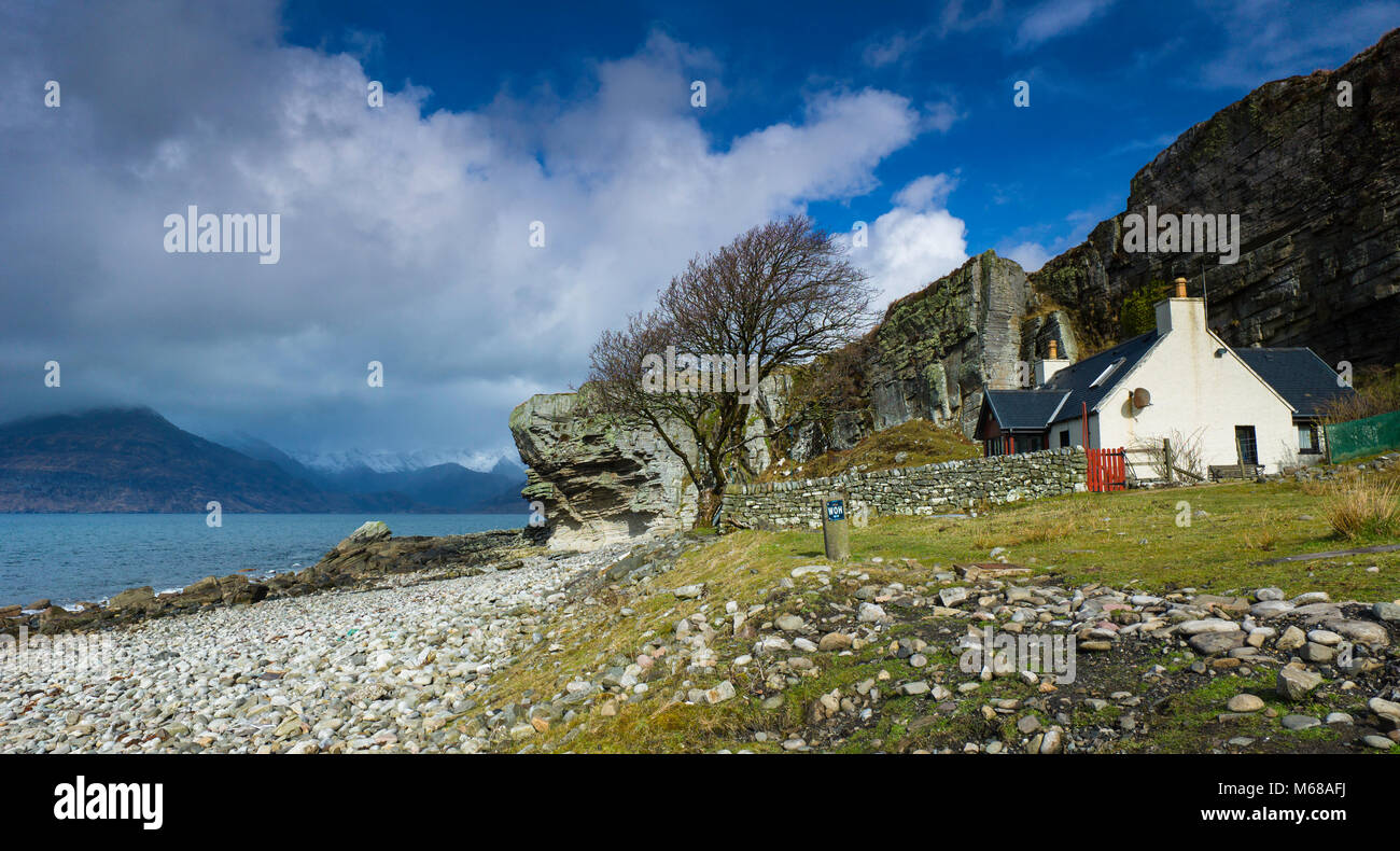 Cottage on the seafront at Elgol, Isle of Skye. Stock Photo