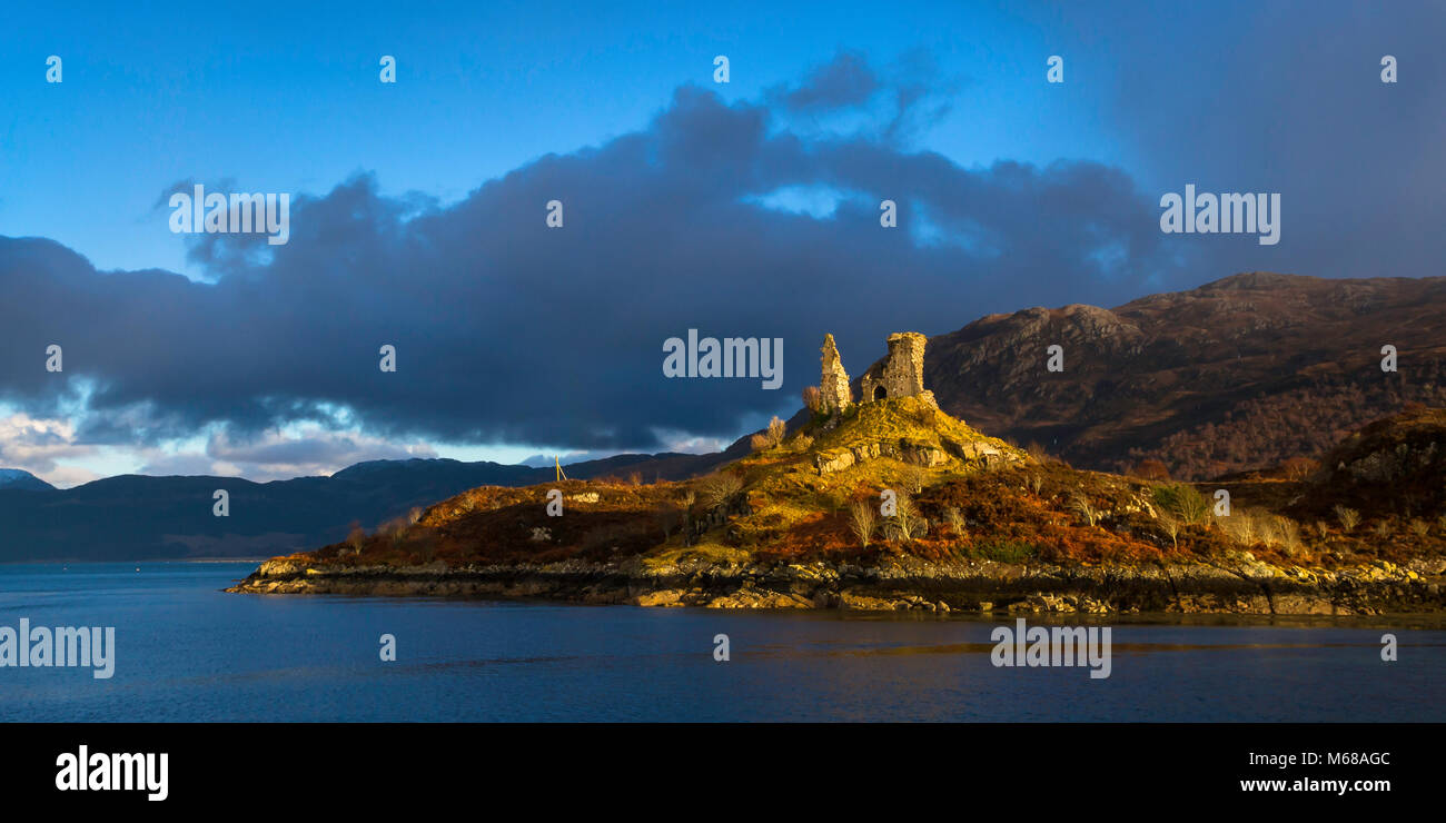 Castle Moal, or Moil, was the ancient seat of the Mackinnon clan; a fortress commanding the strait of Kyle Akin between Skye and the mainland. Stock Photo