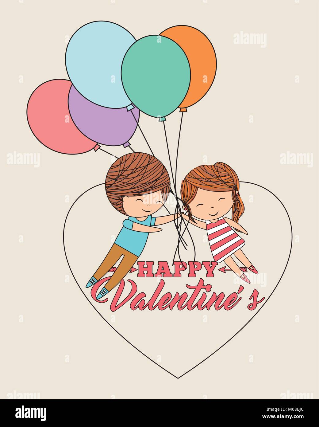 cute couple flying with bunch balloons card happy valentines vector ...