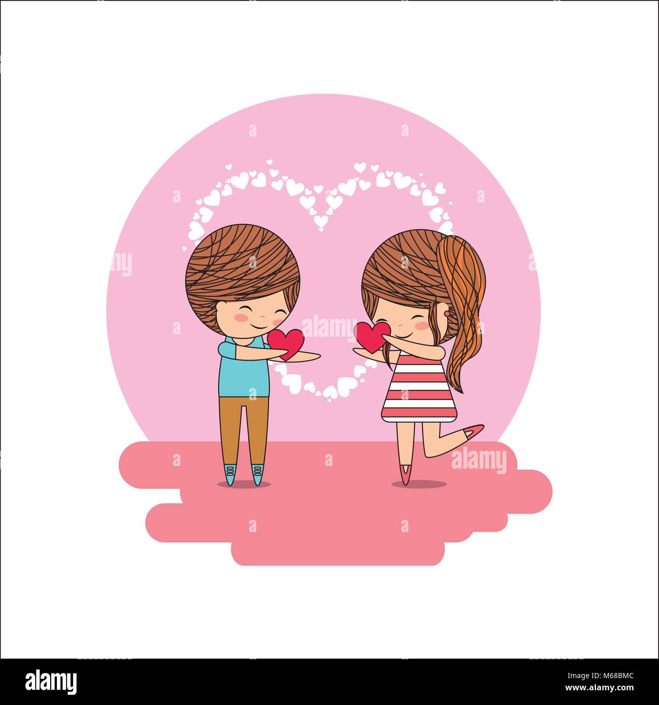 cute little happy couple with hearts in hands vector illustration Stock ...
