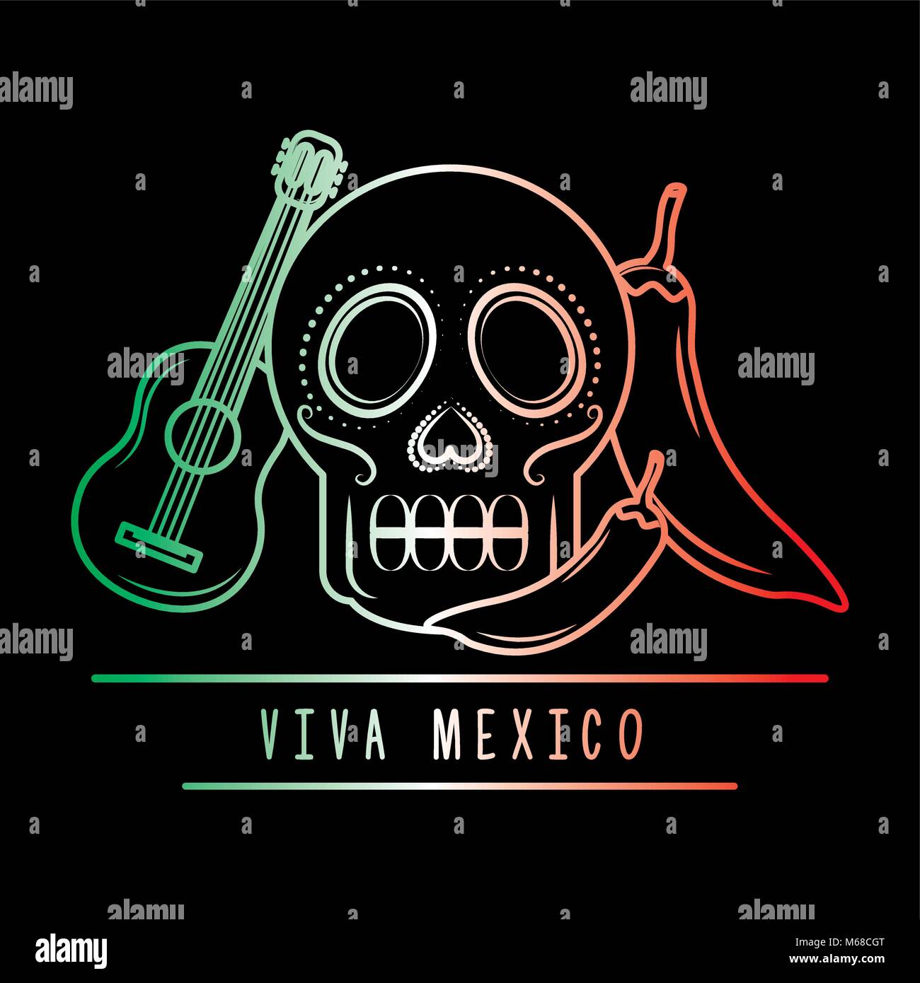 viva mexico skull guitar chili pepper degrade green white and red dark ...