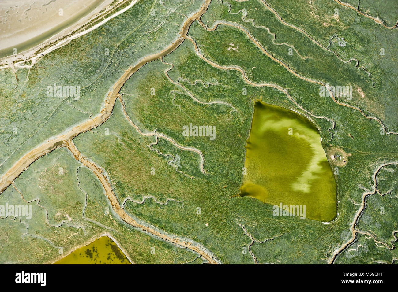 Beautiful shapes in this abstract aerial image over the Baie de la Somme at low tide Stock Photo