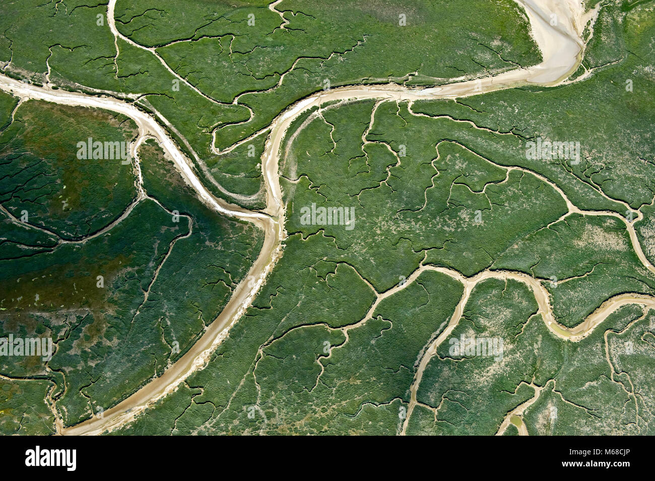 Beautiful shapes in this abstract aerial image over the Baie de la Somme at low tide Stock Photo