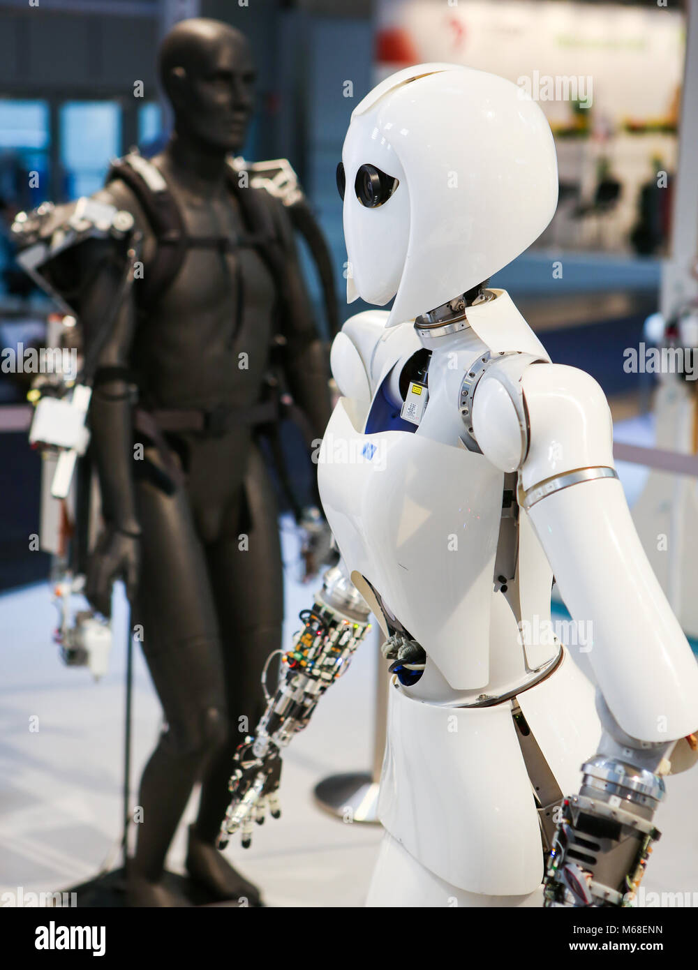Hanover, Germany. 20th March, 2017. CeBIT 2017, ICT trade fair: robot AILA,  a mobile dual-arm robot system, developed as a research platform for  investigating aspects of the multidisciplinary area of mobile manipulation,