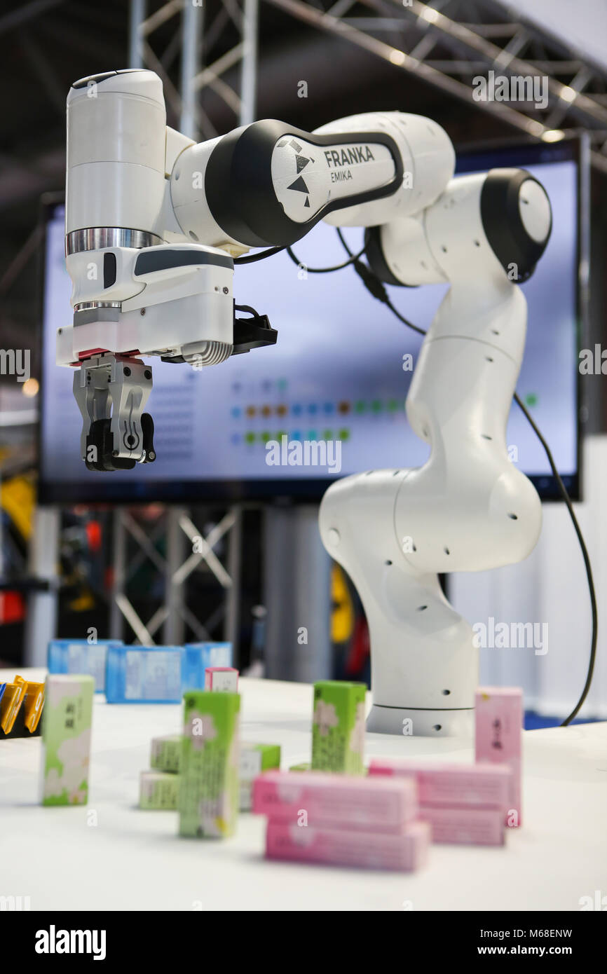 Hanover, Germany. 21th March, 2017. CeBIT 2017, ICT trade fair: Panda, a sensitive, interconnected and collaborative lightweight robot system designed specifically to assist humans, developed by Franka Emika GmbH Munich, Germany. Credit: Christian Lademann Stock Photo