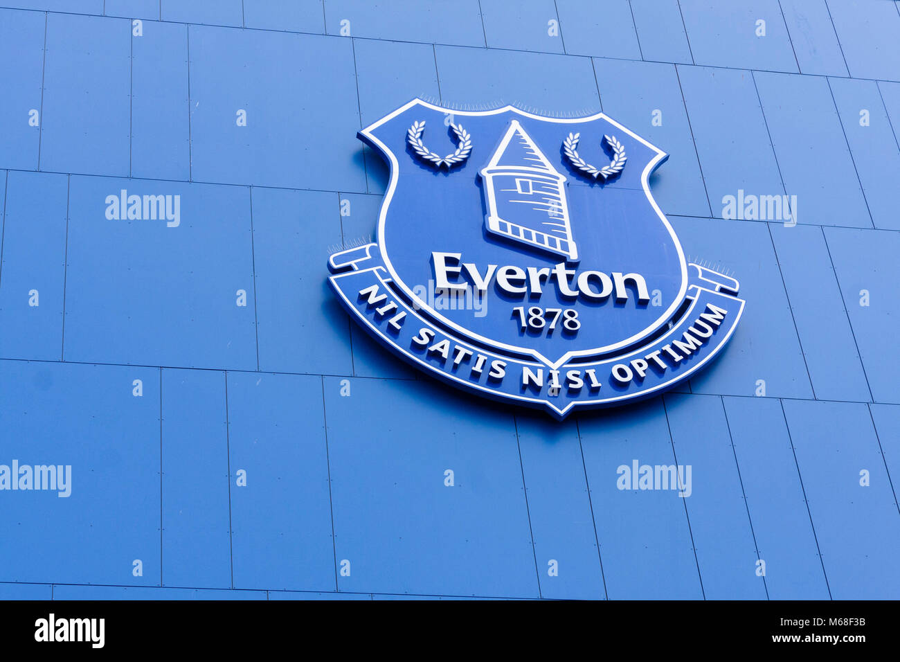 Everton Football Club emblem on outside of Goodison Park football ground. Liverpool, Merseyside. Stock Photo