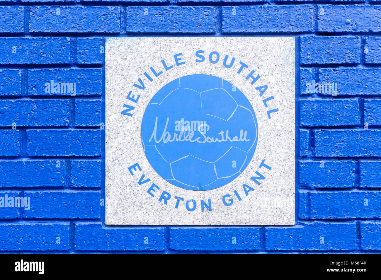 Granite plaque at Goodison Park commemorating ex-Everton FC player and legend Neville Southall. Liverpool, Merseyside, UK Stock Photo