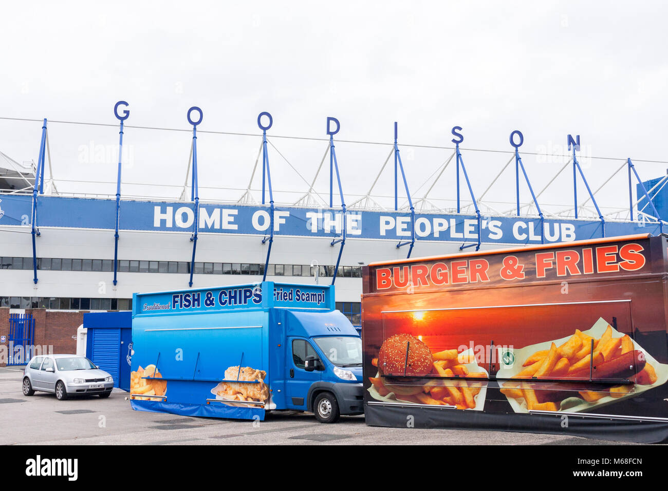 Burger and fish and chip vans outside Goodison Park, home to Everton Football Club. Liverpool, Merseyside Stock Photo
