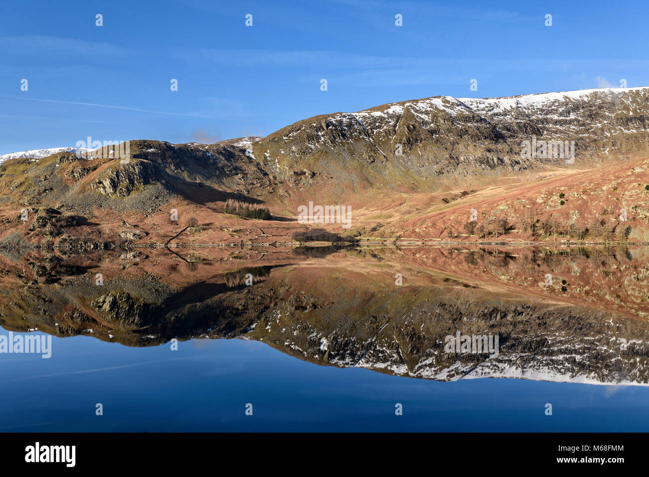 Symmetrical, mirror-like reflections on Haweswater Stock Photo