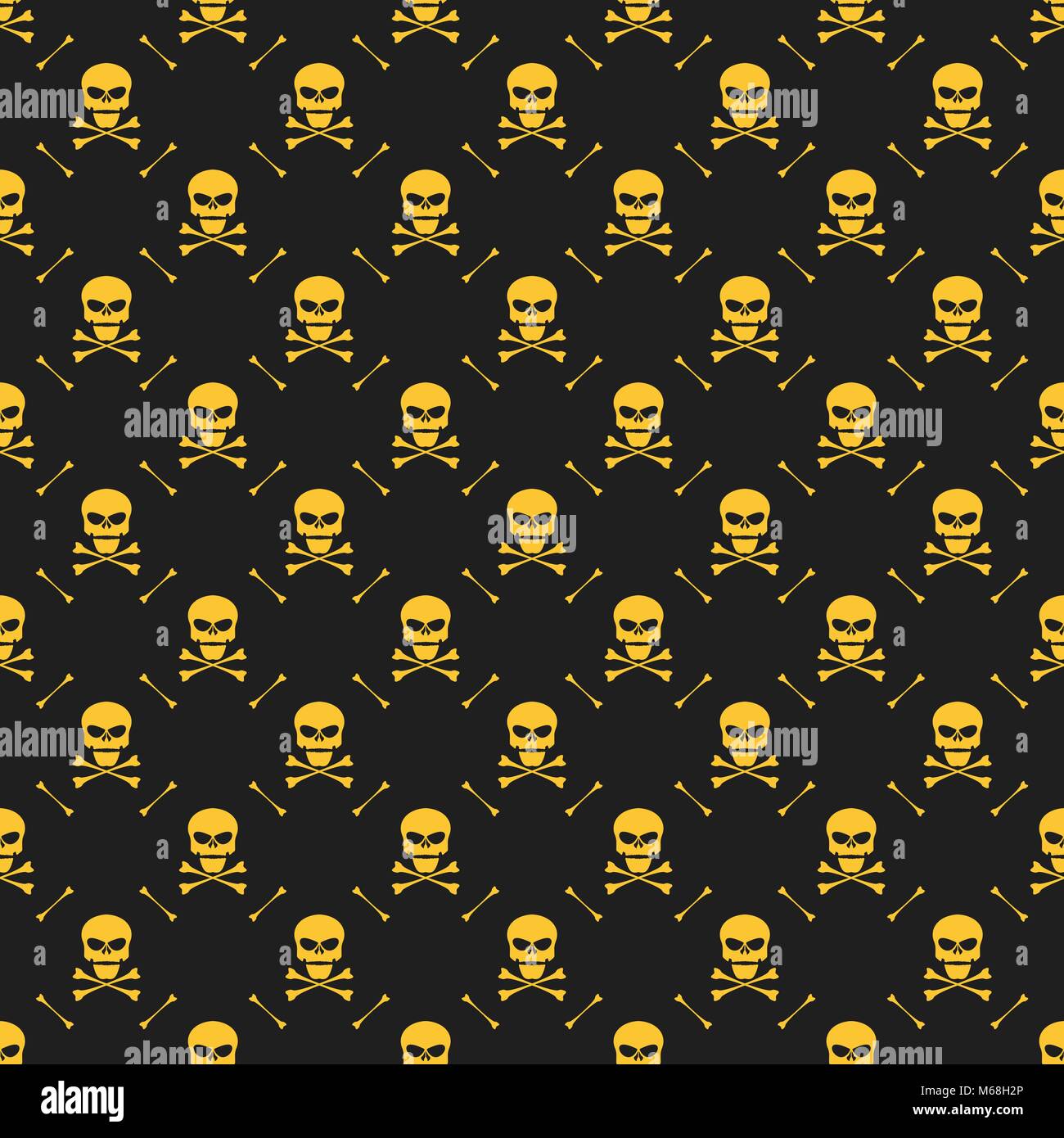 Abstract pattern. Yellow skulls on a black background. Death in the dark. Crossbones. Vector illustration in a flat style. EPS 8 Stock Vector