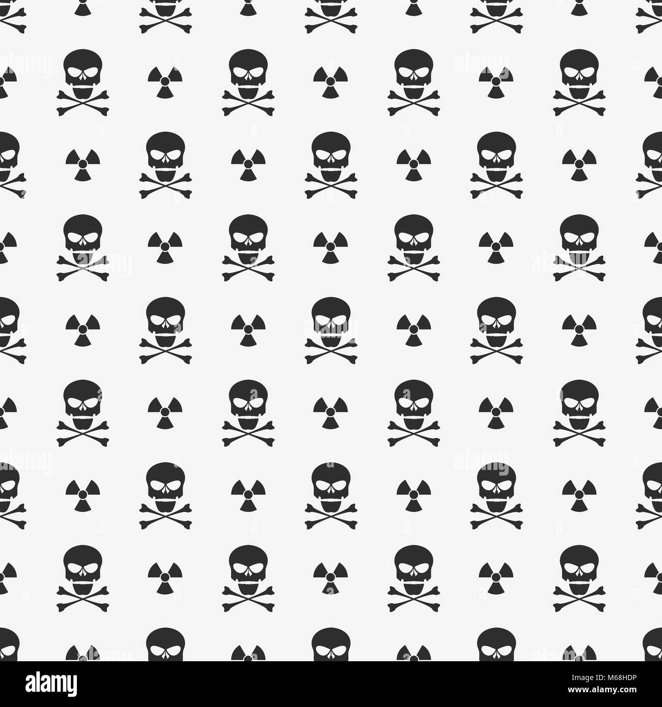 Abstract background. A pattern on a white background of black skulls. Sign of radiation. Wallpapers for your projects. Danger and threat. Vector illus Stock Vector