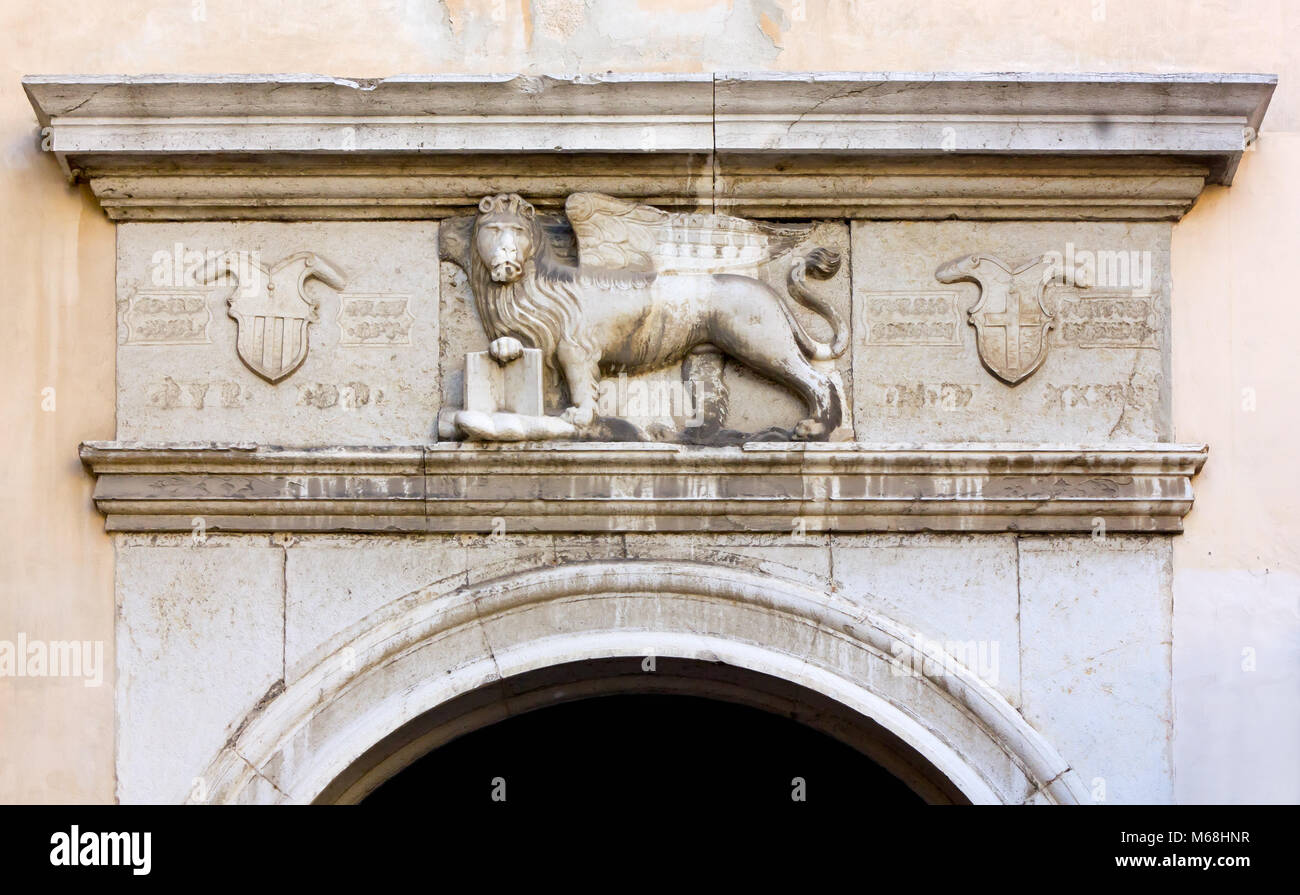 Venetian winged lion over a town gate in Piran, Slovenia Stock Photo