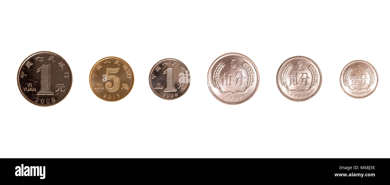 Set of Chinese Coins - Yuan, Jiao, and Fen Stock Photo
