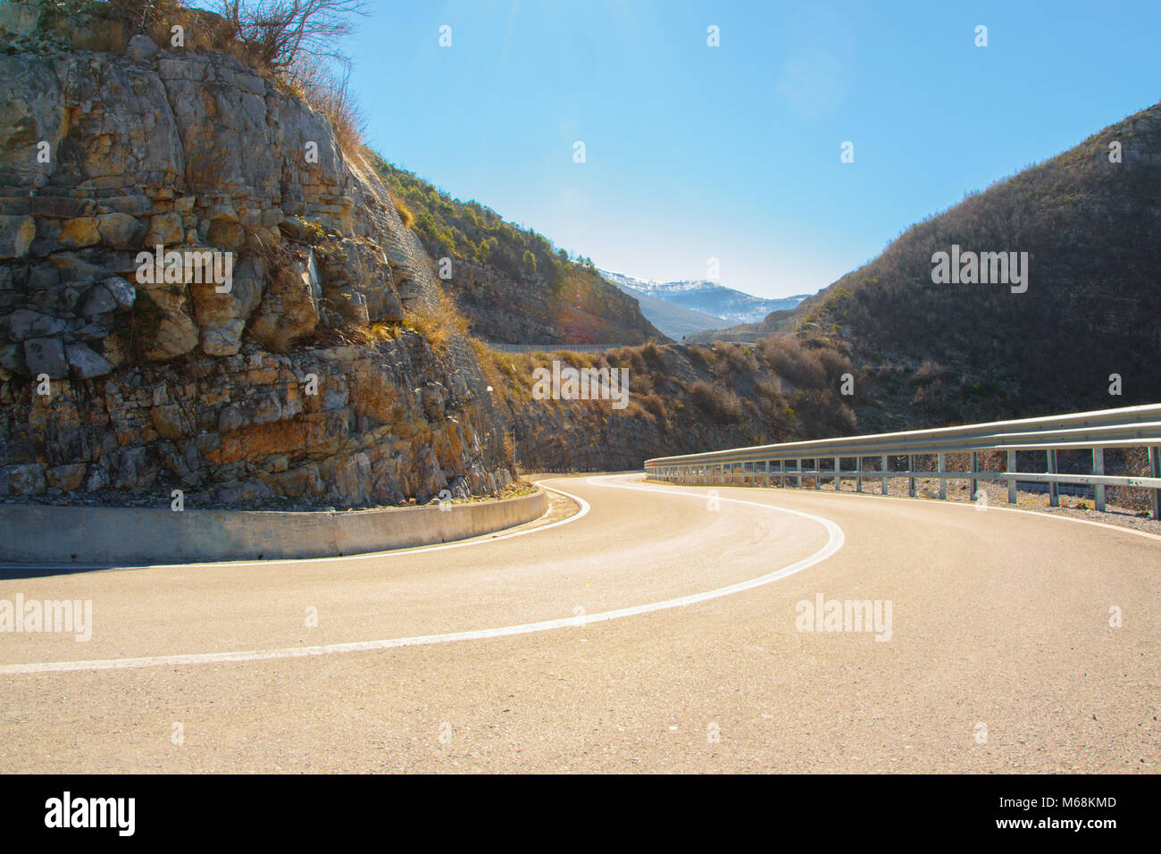 Mountain highway, Albania. Traveling, exploring concept, space for text Stock Photo