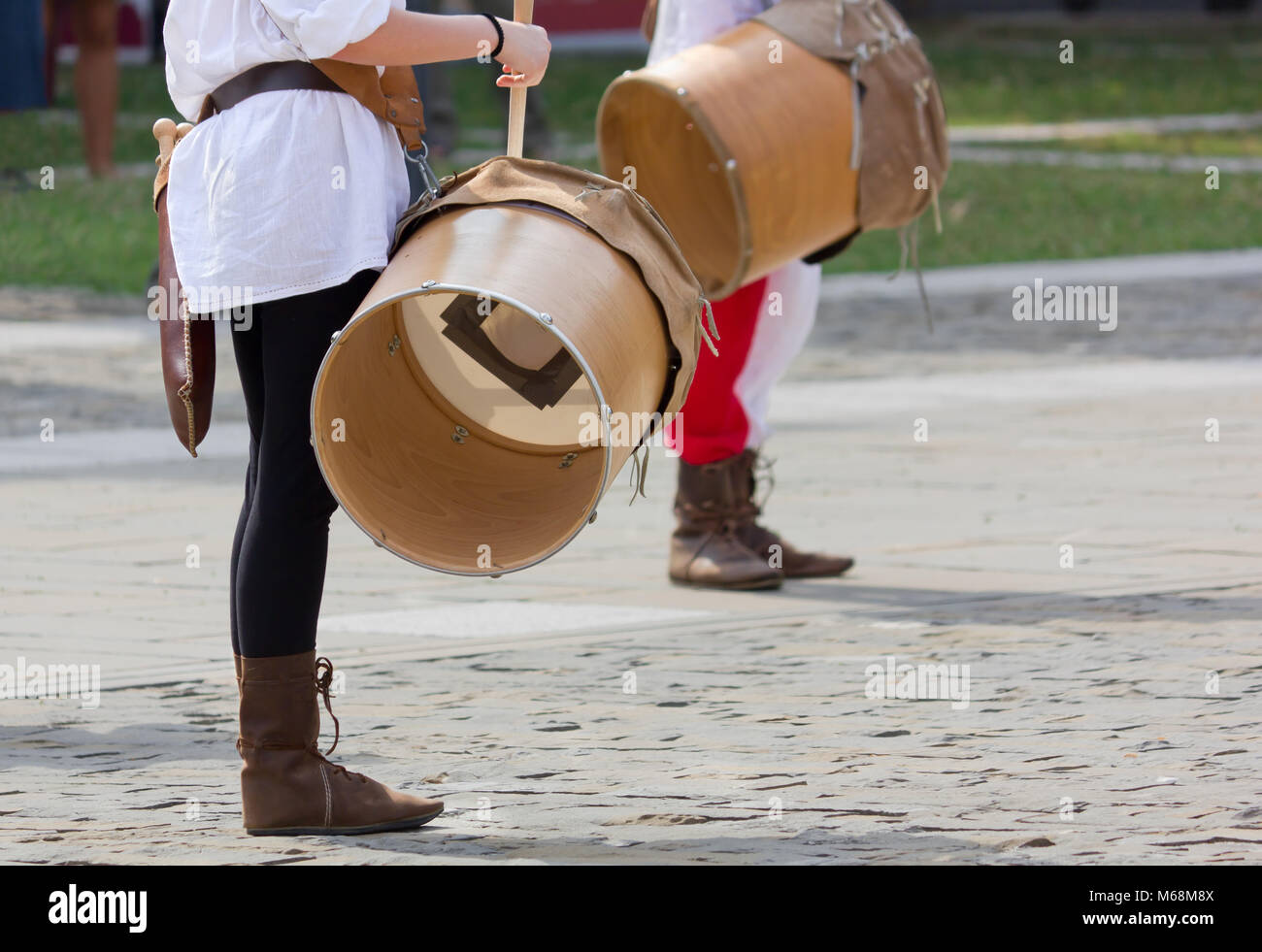 Close-up of two young drummers during a historic reenactment Stock Photo