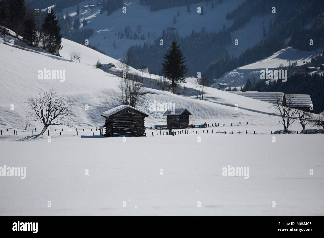 Europe Austria Alps Großarl - huts   in fresh winter snow Stock Photo