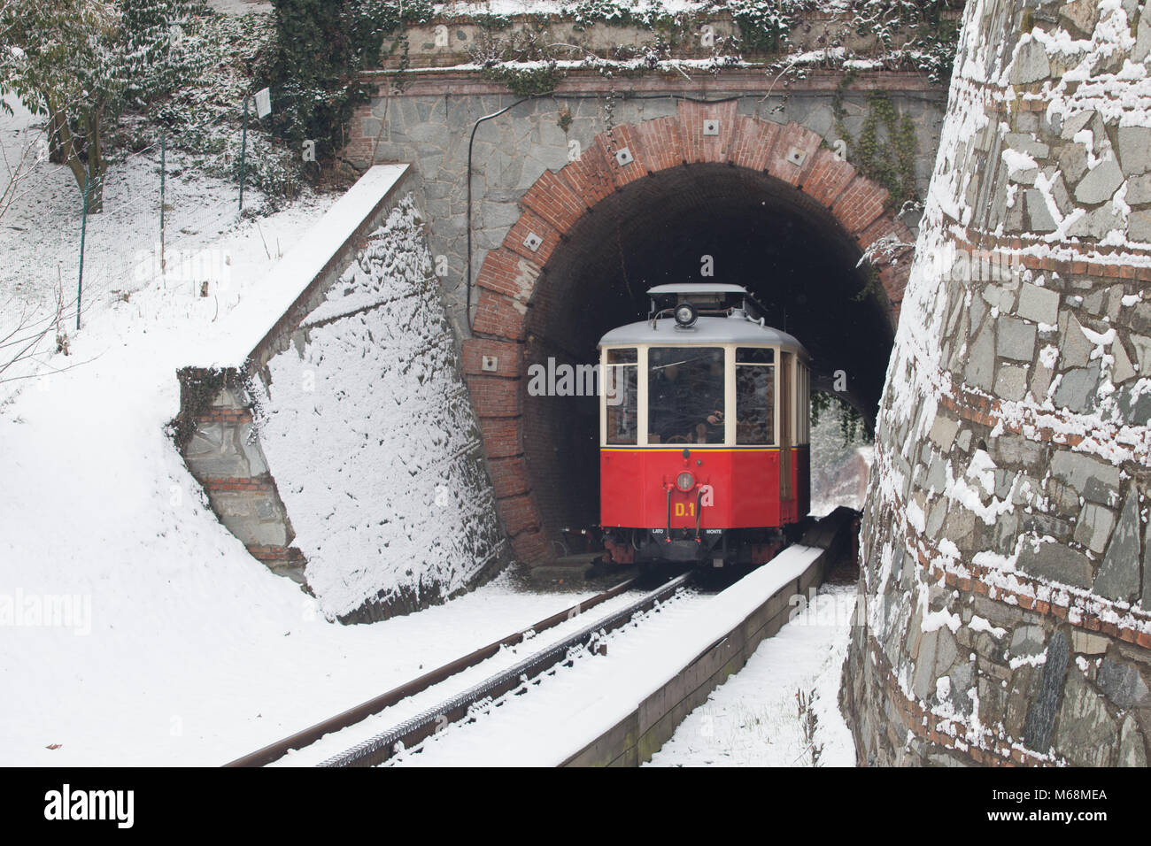 The historical Sassi – Superga ( Turin-Italy) rack tramway in winter  time.The rack tramway is drawn by a locomotive carriage with a maximum tow  of two Stock Photo - Alamy