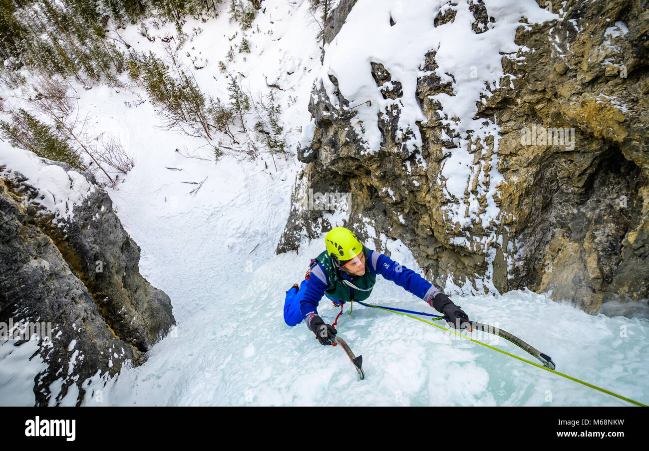 Andrew Stone climbing Professor Falls rated WI4 in Banff National Park