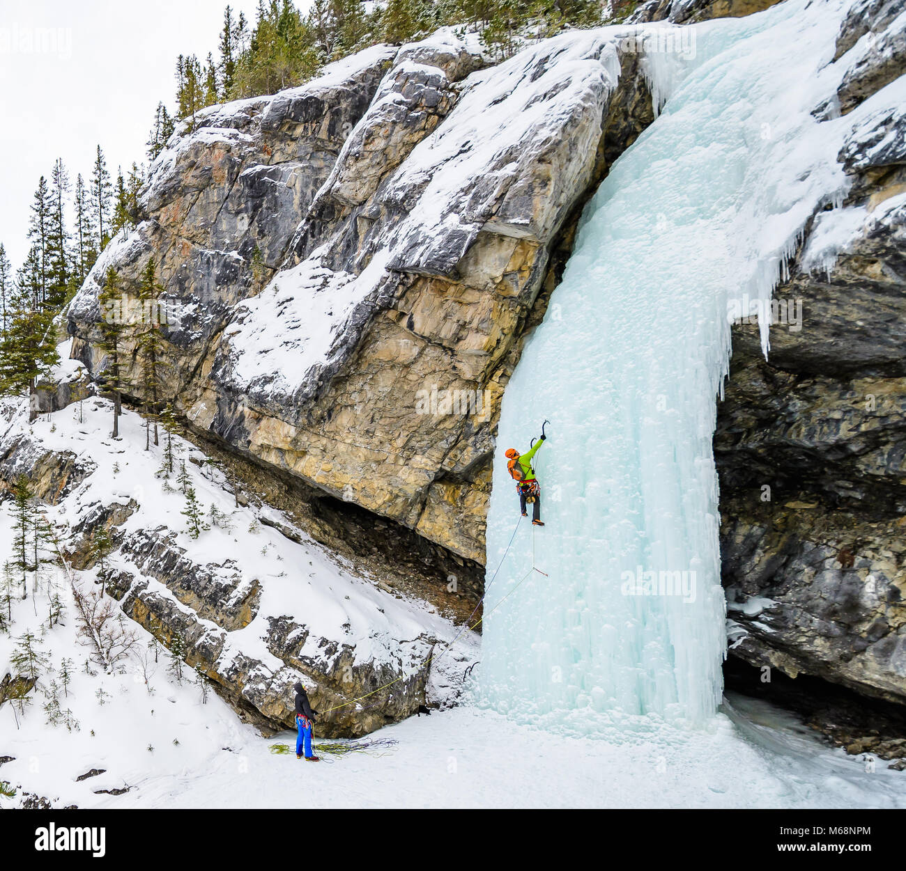 Elijah Weber and Andrew Stone climbing Professor Falls rated WI4 in Banff National Park Stock Photo