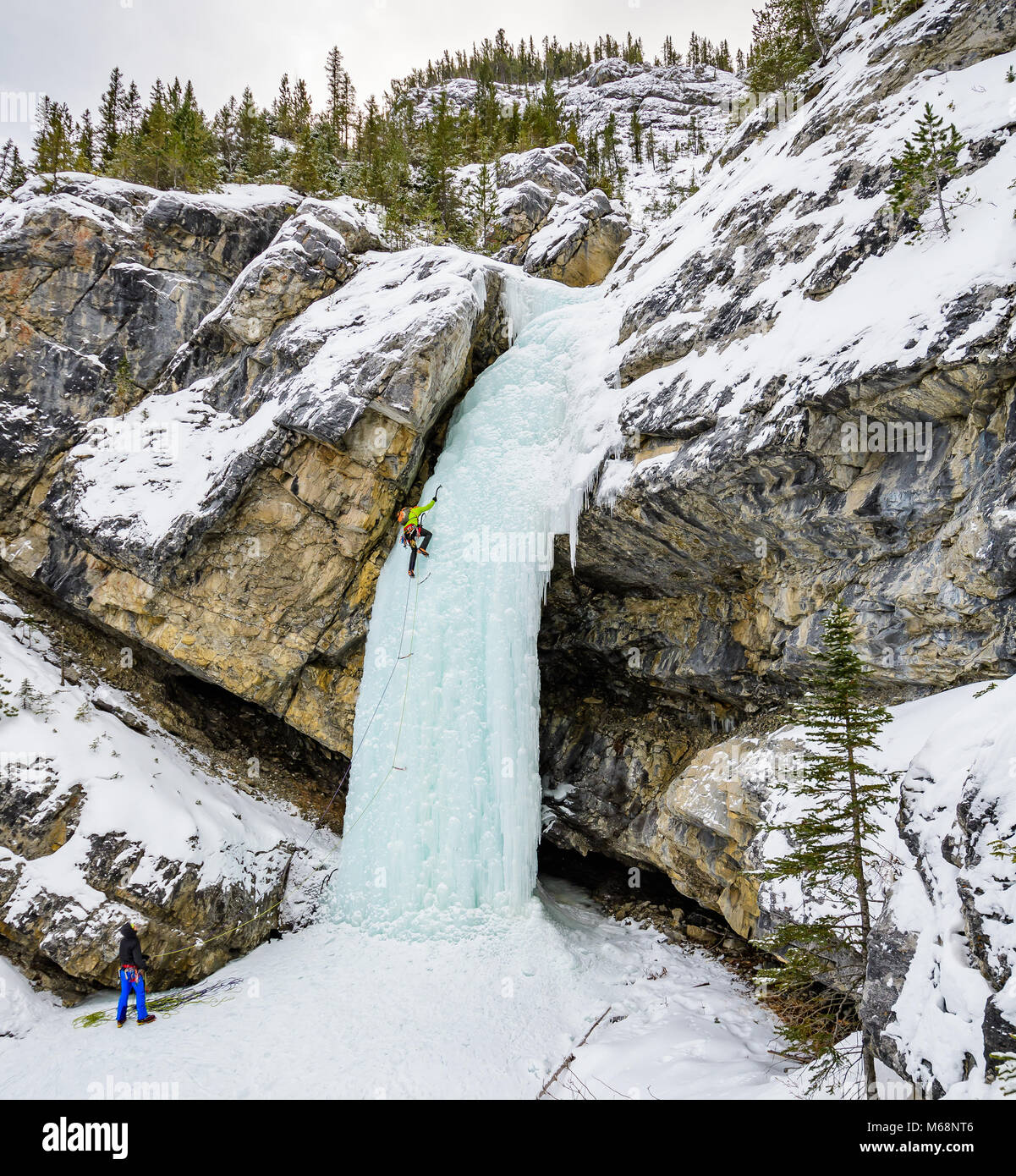Elijah Weber and Andrew Stone climbing Professor Falls rated WI4 in