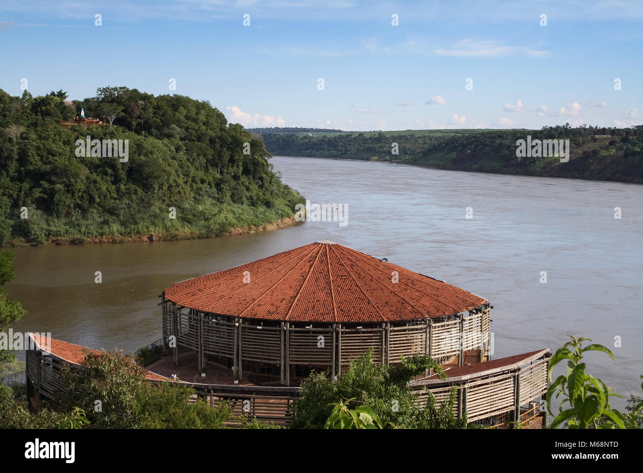 Argentina and Paraguay viewed from the triple-frontier landmark in Brazil Stock Photo