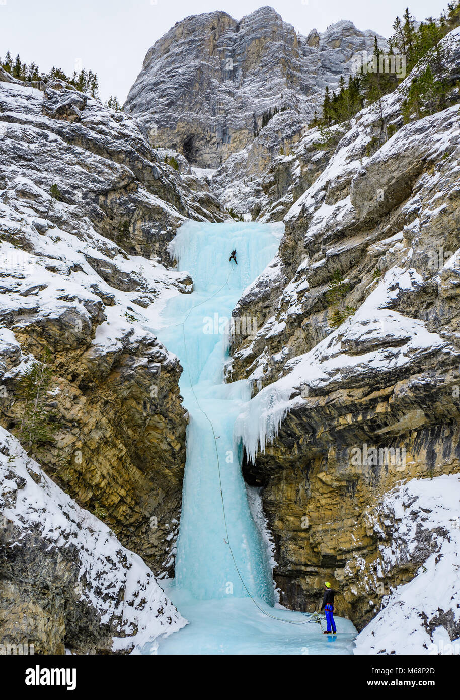 Andrew Stone and Shane Nelson climbing Professor Falls rated WI4 in