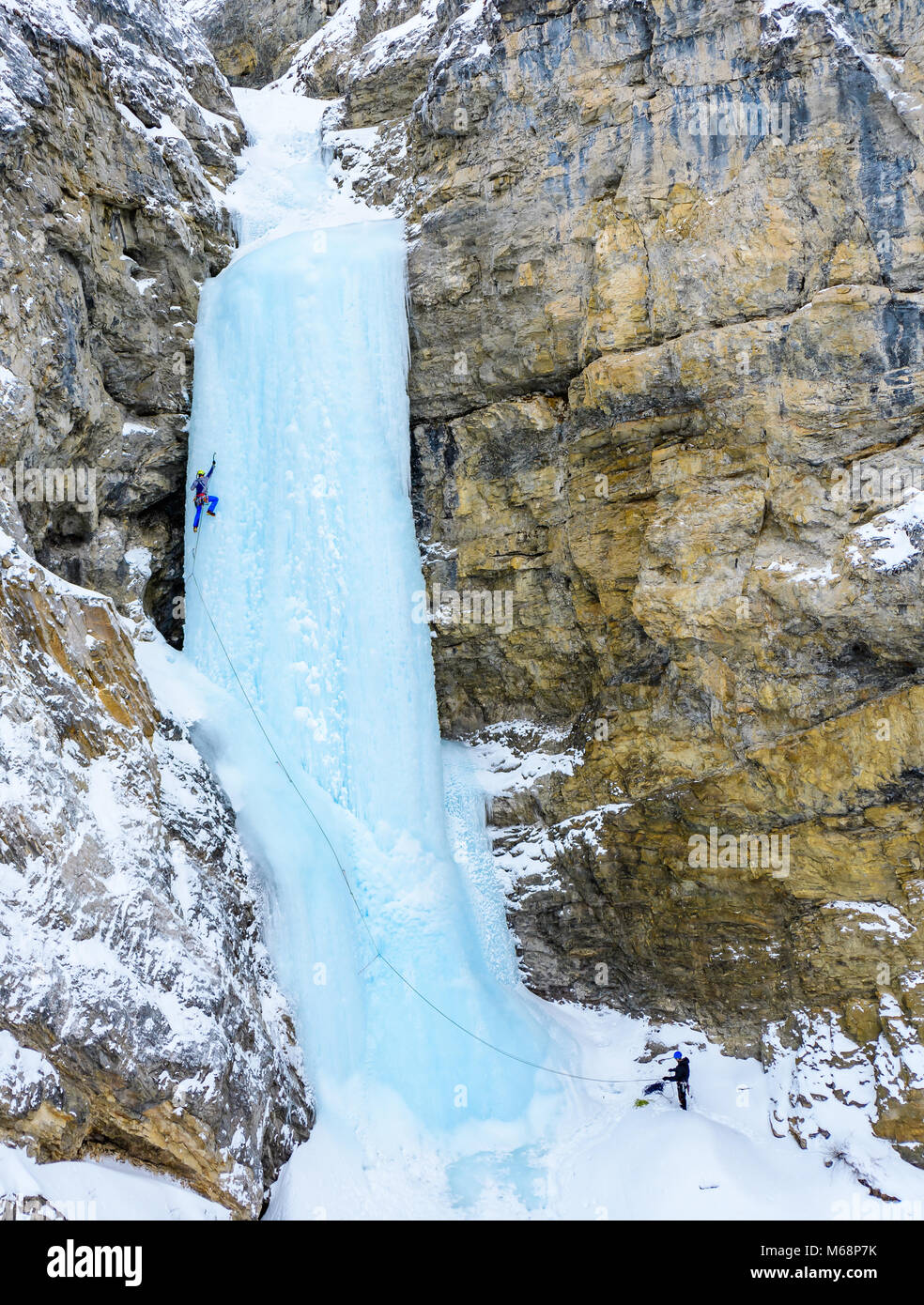 Andrew Stone and Shane Nelson climbing Professor Falls rated WI4 in Banff National Park Stock Photo