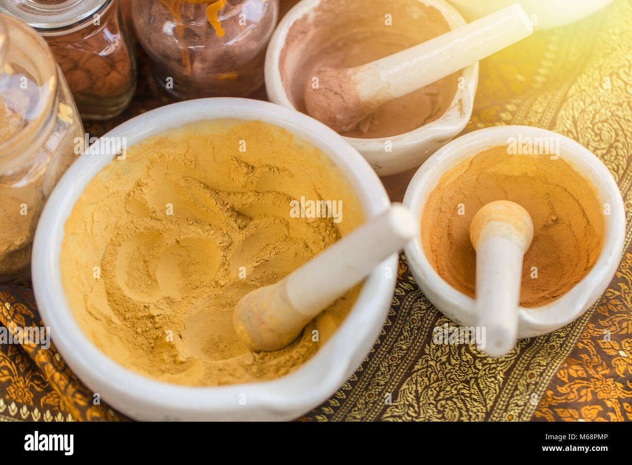 Painting colors powder made from nature used in Thai antique painting Stock Photo