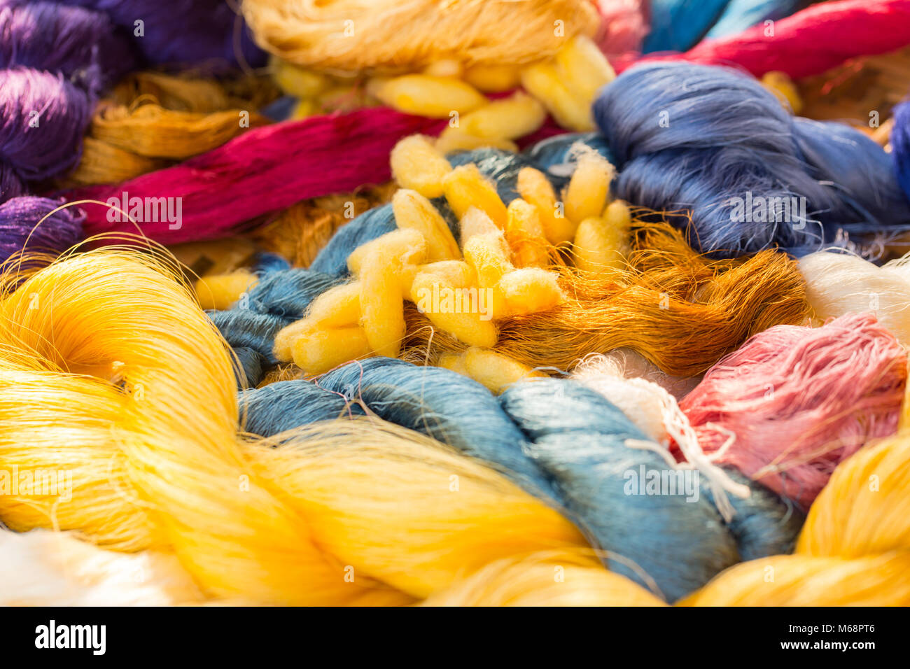 Colorful dye silk thread form Silkworm Cocoon Bombyx mori Stock Photo