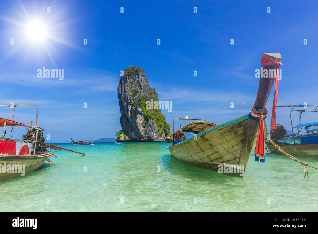 Wooden boat for tourist in Thailand sea travel Phiphi Phuket krabi island in summer season concept Stock Photo