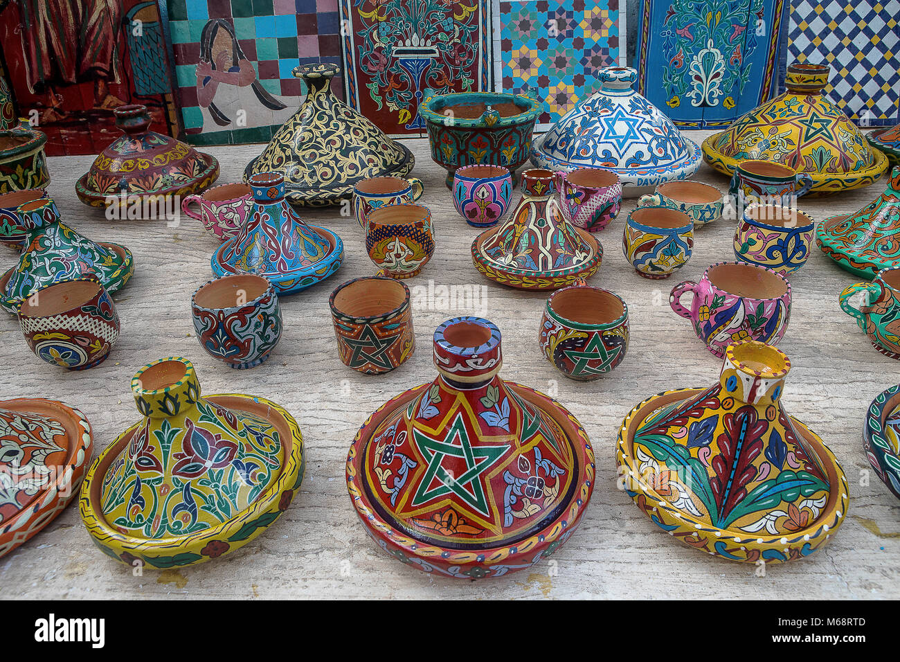 Tajine pottery for sale, souvenir shop, street market, in Kasbah of the