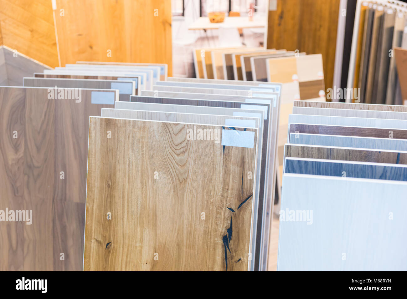 Variety of wooden like tiles. Samples of fake wood tiles for