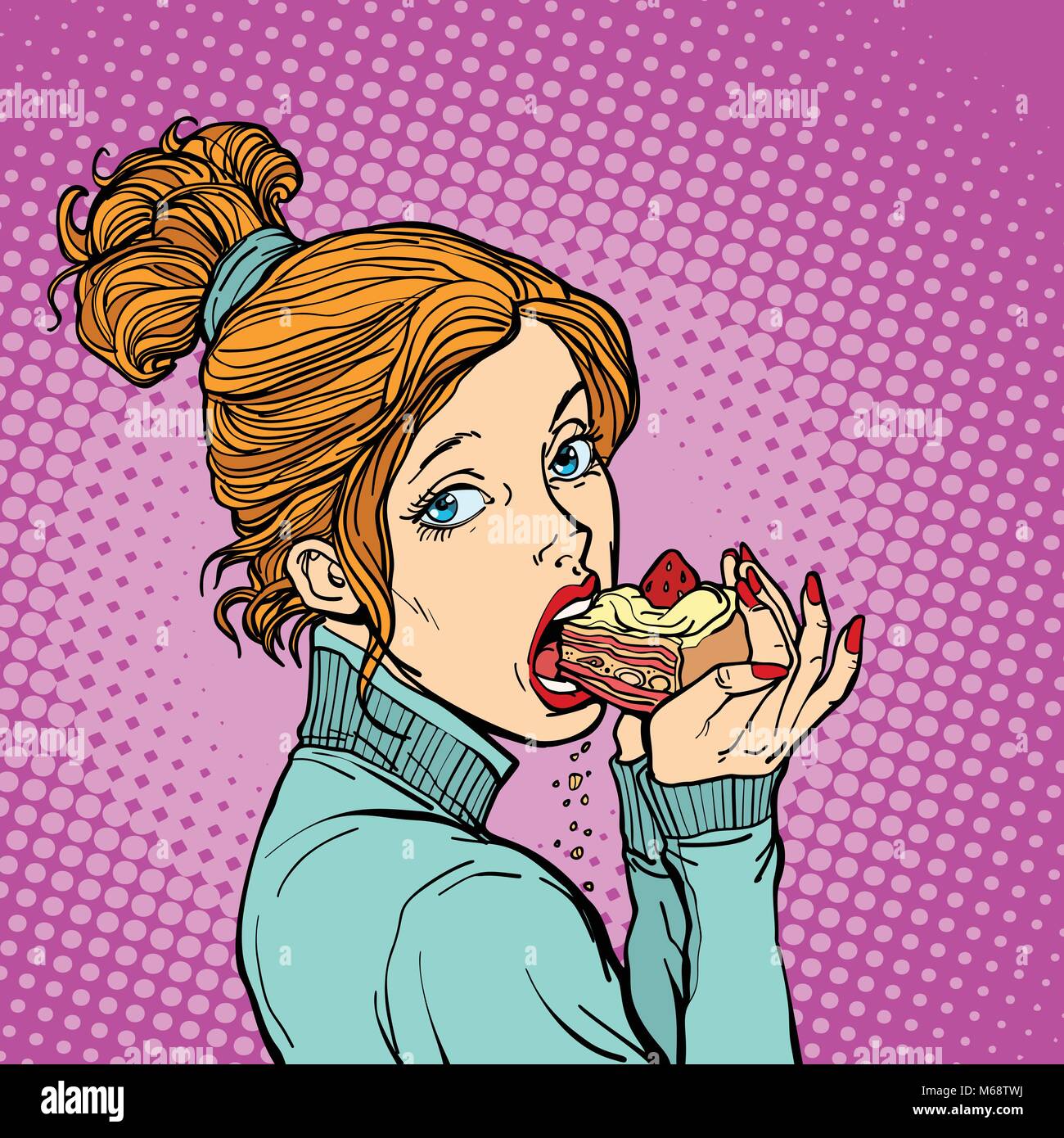 Woman eating a piece of cake. Diet and sweet. Comic book cartoon pop