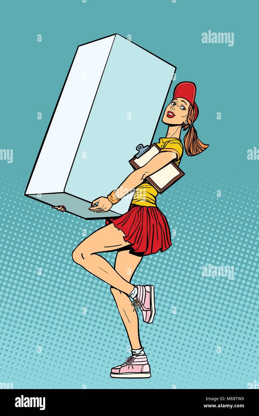 Funny woman courier shipping box, delivery service. Comic book cartoon