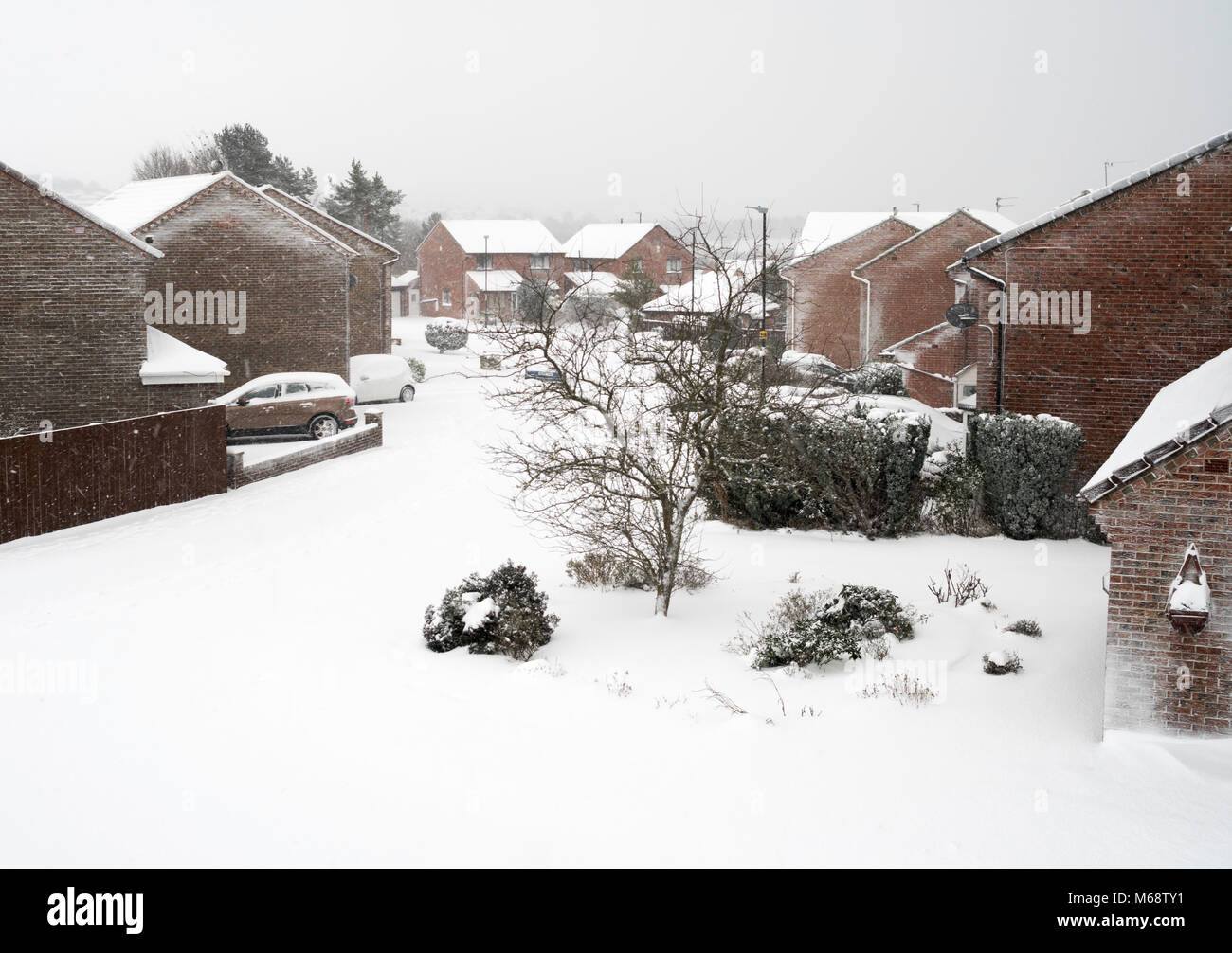 Street in a suburban housing estate with a covering of winter snow, north east England, UK Stock Photo